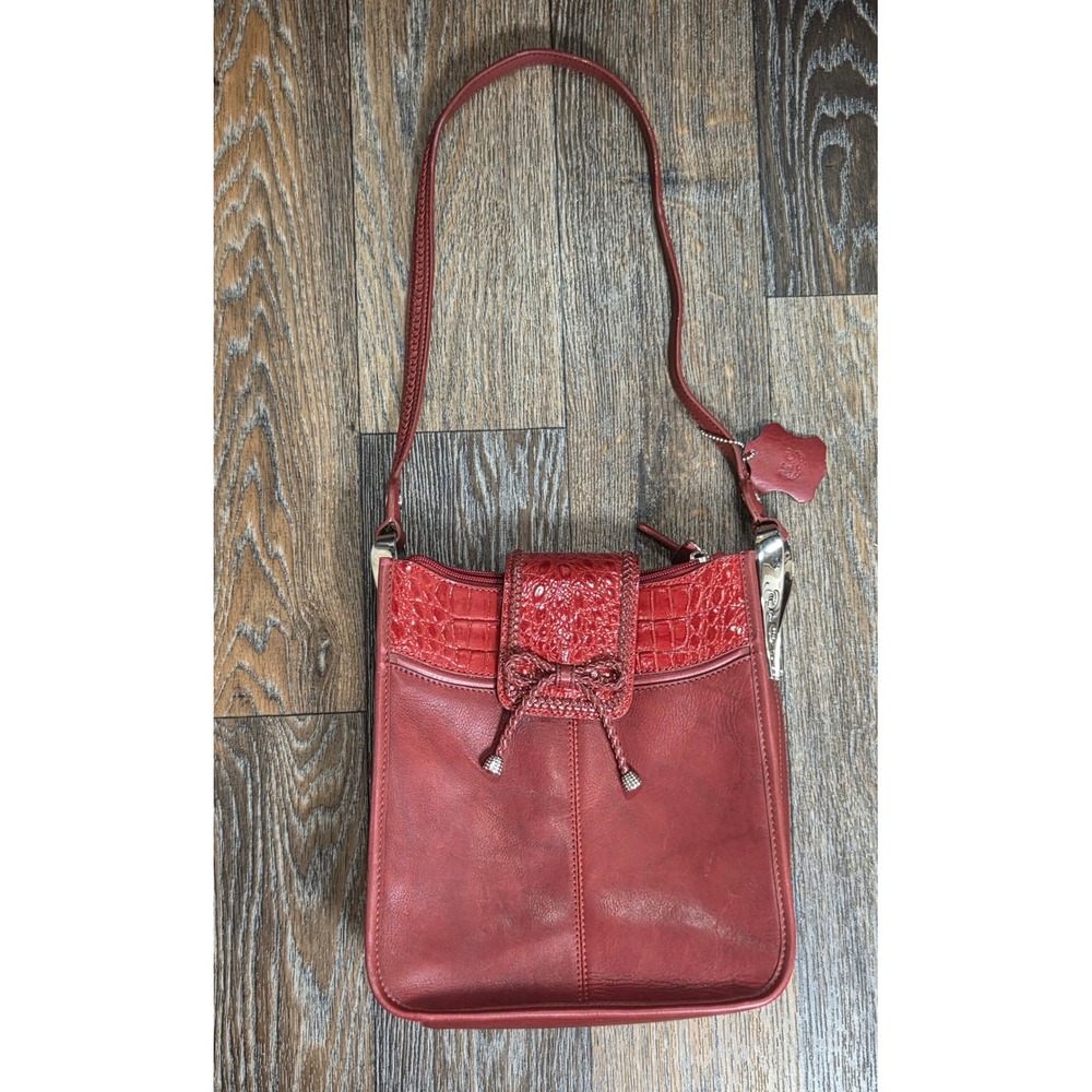 M.C. Leather Red Crossbody Bag Croc Embossed Trim Braided Bow Messenger Purse